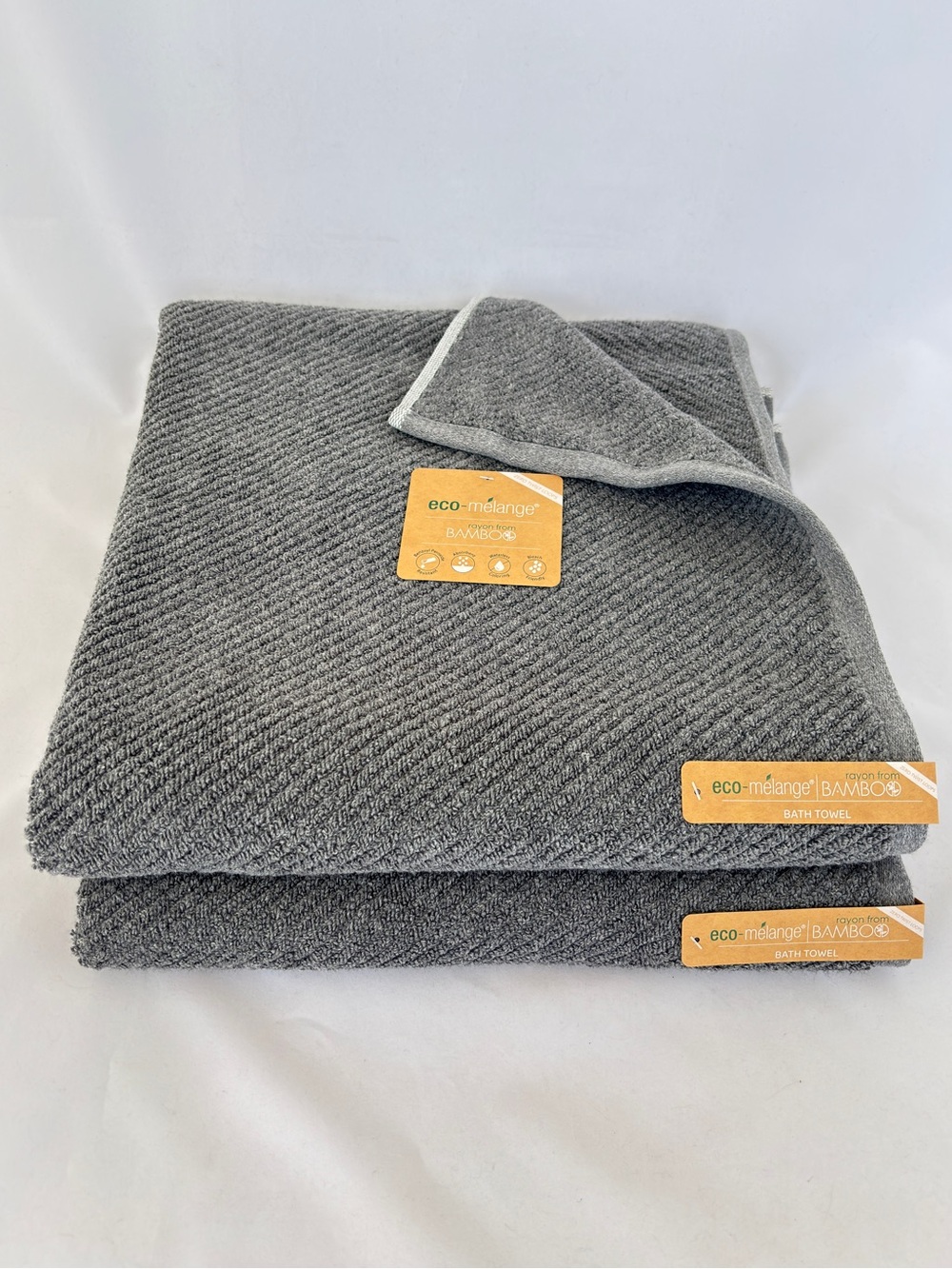NWT 2Pc Eco-Melange Bamboo Charcoal Grey Bath Towels Diagonal Ribbed Textured